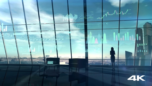 Business Woman Is Browsing Virtual Infographic Data 4K alt