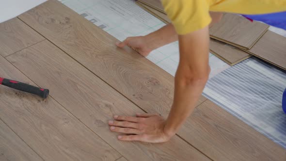 A Man Professional Laminate Installer Laying Laminate Wood alt