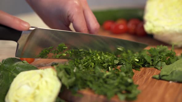 Woman's Hands Cutting a Fresh Dill and Parsley on Wooden Cutting Board Using Kitchen Knife