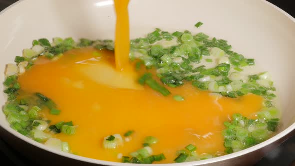 Beaten eggs and green scallion onion in ceramic pan 4K 2160p UltraHD footage -Young onions and beate alt