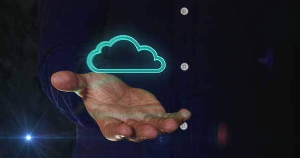Cloud computing and online storage symbol over hand alt