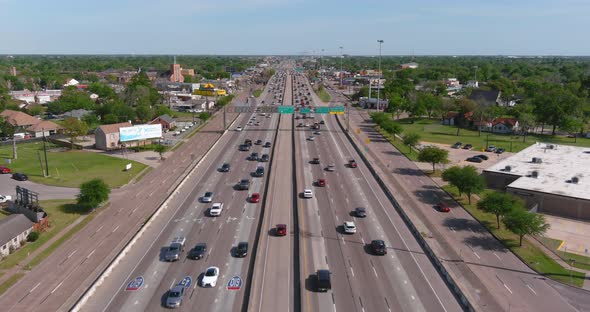Aerial view of cars on I-45 South in Houston headed towards Galveston, Texas. alt