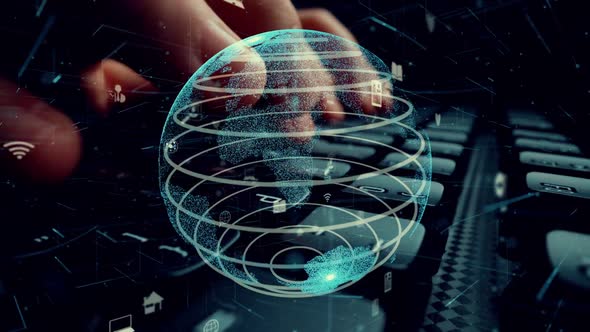Man Working on Computer Keyboard with Graphic of Internet Network Modernization alt
