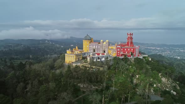 Aerial View of Pena Palace in Sintra Portugal alt