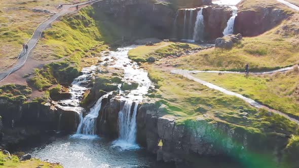 Kirkjufell Waterfalls Aerial View Iceland in Summer Season alt
