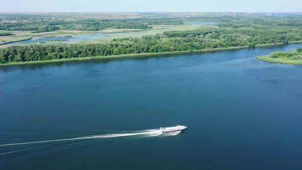 Hydrofoil vessel sails along the Dnieper River in Ukraine.