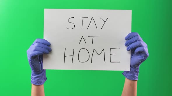 Hands Doctor Woman in Blue Gloves Holding a Sign with an Appeal To Stay at Home. Green Screen. Close alt