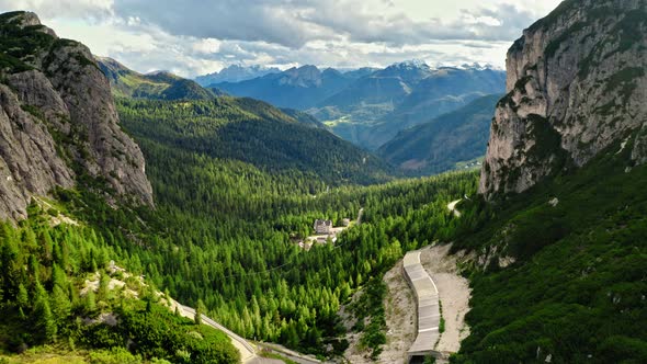 Aerial viewof Passo Falazarego near Sass de Stria peak, Dolomites alt