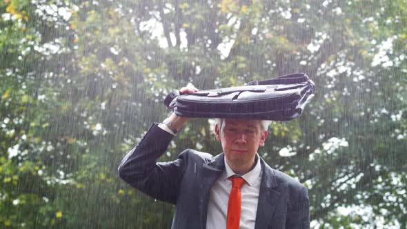 Businessman Sheltering Underneath his Bag in the Rain