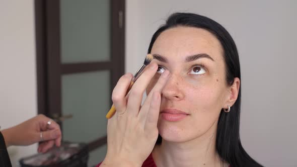 Closeup of a Woman's Face on Which Cosmetics are Applied with a Small Brush alt