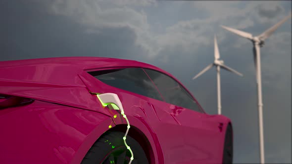 Generic electric pinc car charging with wind turbines in background