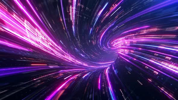 Speed of digital lights, neon glowing rays in motion into digital technologic tunnels.