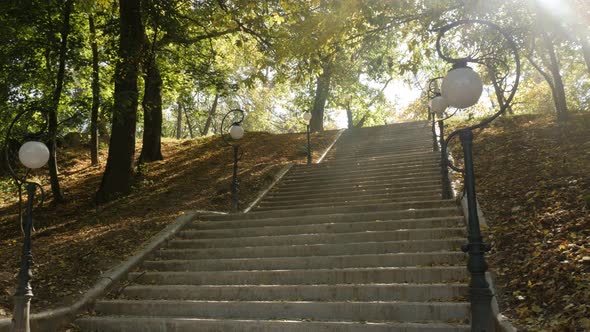 City park starirways  and colorful trees 3840X2160 UltraHD  footage - Early morning sun  in Romanian alt