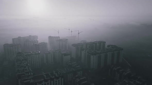 Morning Flight at Dawn Over the Construction of Houses, Beautiful View