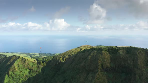 Parachutists Paragliding at Miradouro Do Cerrado Das Freiras Sao Miguel Island alt