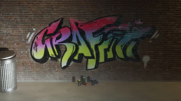 Police car arriving at the crime scene. Old brick wall with fresh graffiti on it alt