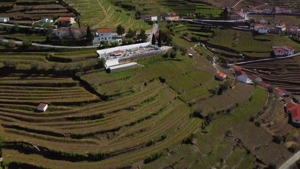 flying over villages in part of the huge vineyard industry for porto wines in the region of the dour alt
