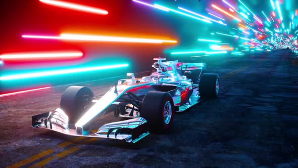 Car Model F1 Car Driving At On A Wet Road On High Speed, Racing Through The Colorful Tunnel 4k