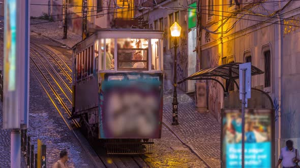 Lisbon's Gloria Funicular Day to Night Timelapse Located on the West Side of the Avenida Da alt