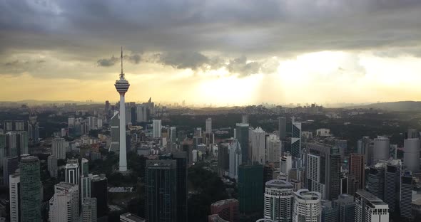 Aerial Filming of the City Center Done By Drone at the Sunset, Kuala Lumpur, Malaysia