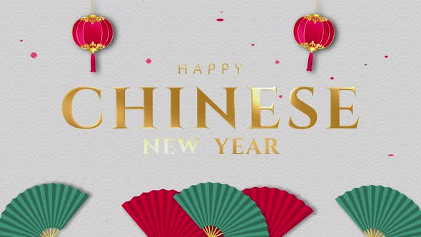 Happy Chinese new year golden text motion graphic with oriental style decorating items