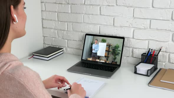 Woman Study Online Video Conference Call Webcam Chat Laptop Tells Teacher alt