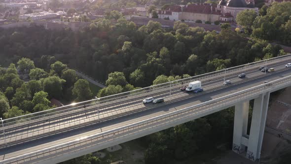 Aerial drone view of prague bridge highway