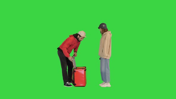 Courier Bringing Food to Customer and Taking a Payment on a Green Screen Chroma Key