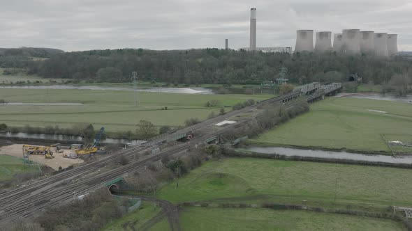 Train Lines Construction Work, Canal, Aerial Slow Rise, Landscape, Dull Day, Long Eaton, UK, Ratclif