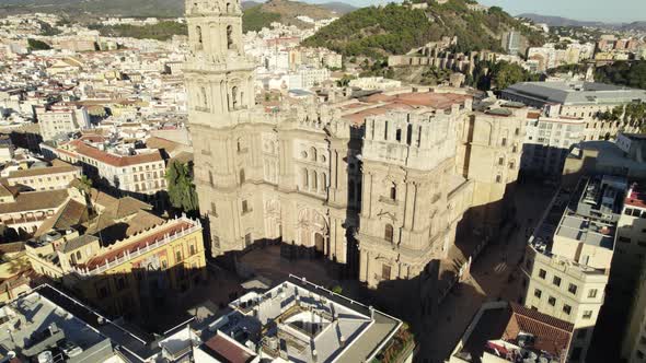 Aerial orbiting view of Malaga Cathedral, Spanish architectural Landmark