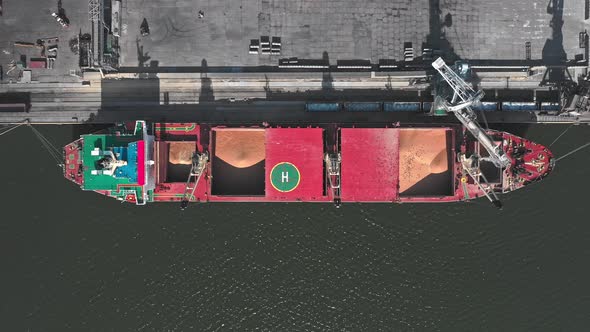 Aerial View of a Bird'seye View of a Cargo Ship for Transporting Grain and Bulk Cargo