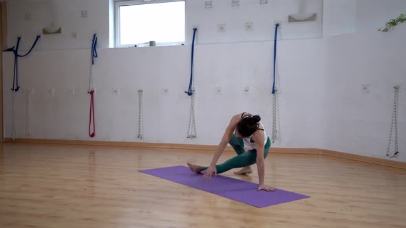 Flexible woman performing Three Legged Downward Facing Dog pose indoors alt