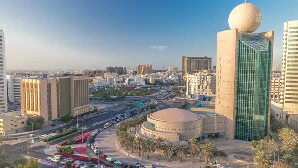 Dubai Creek Area Surrounded By Modern Buildings and Busy Traffic Street Timelapse alt