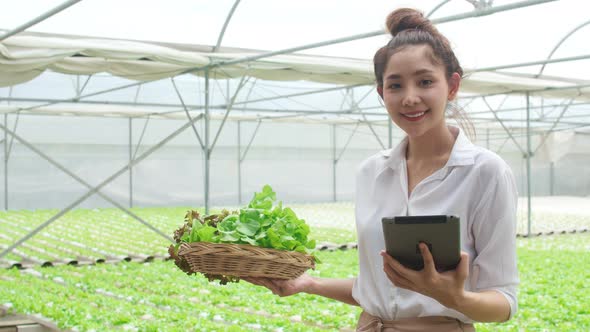 Asian businesswoman farmer with product selling good quality plant and vegetable and holding tablet. alt