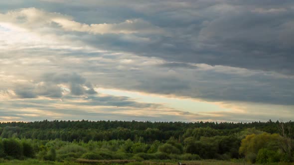 Cloudy Weather, Sunset Over Nature, Green Trees, Summer, Timelapse