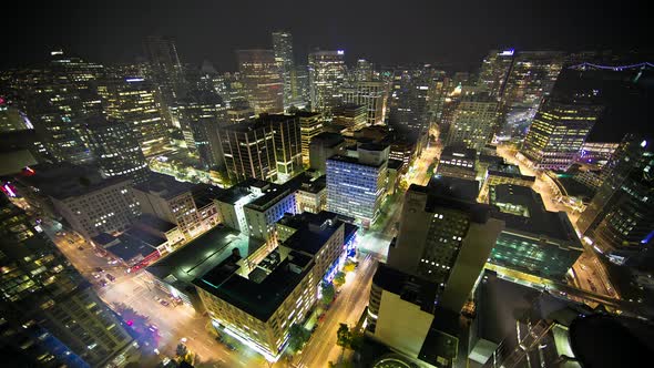 Time lapse view overlooking the city of Vancouver at night alt