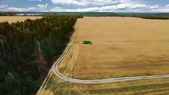 Drone flying over combine harvester working on wheat field alt