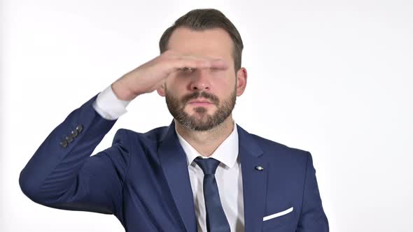 Ambitious Businessman Searching for Opportunities, White Background alt