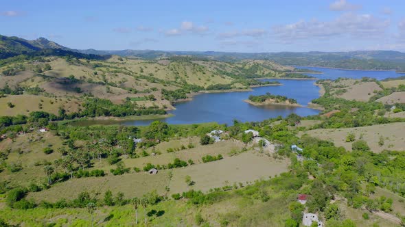 Beautiful Mountain Landscape By The Bao Dam in Dominican Republic  - aerial shot alt