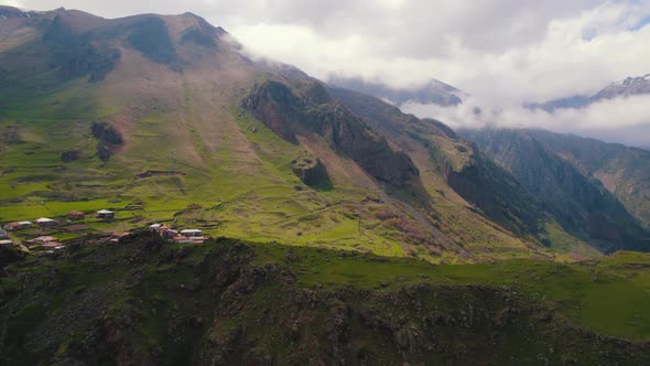 Aerial View of a Small Settlement in the Caucaus Mountains Georgia alt