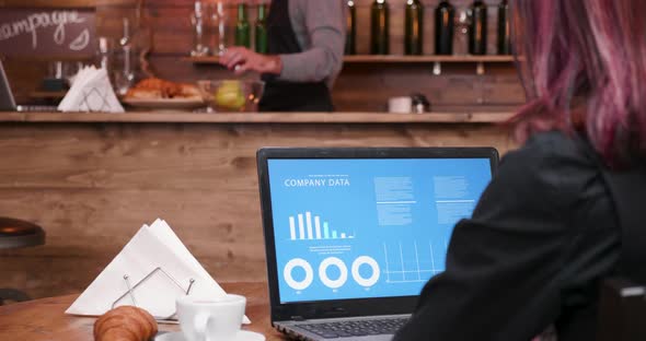 In a Stylish and Vintage Coffee Shop a Businesswoman Drinks Coffee alt
