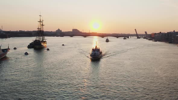 Aerial Landscape with Warships in the Neva River Before the Holiday of the Russian Navy at Early alt