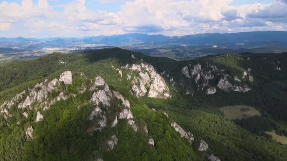 Aerial view of the Sulov rocks nature reserve in the village of Sulov in Slovakia alt