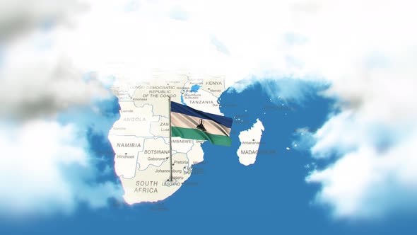 Lesotho Map And Flag With Clouds