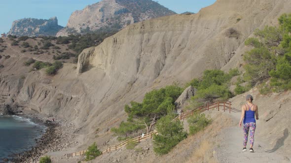 Walking along mountain path. Golitsyn trail, Crimea