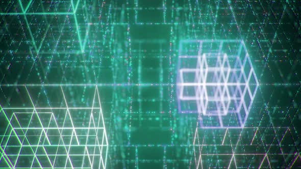3D Big Data Digital Cube Cyber Punk Square with Futuristic Matrix