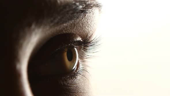 Girl Without a Make Up with a Clean Face Blinks. Close Up. Side View alt