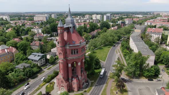 Aerial view of a historic water tower in Wroclaw, Poland alt
