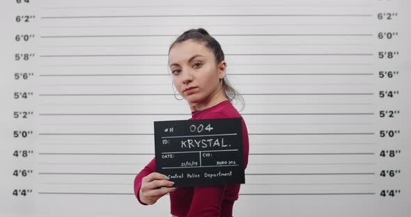 Mugshot of Arrested Millennial Woman Turning Head and Looking to Camera While Standing Aside alt