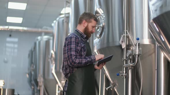 Brutal Male Brewer with a Beard Is Standing Near the Beer Tanks and Captures the Readings Using a alt